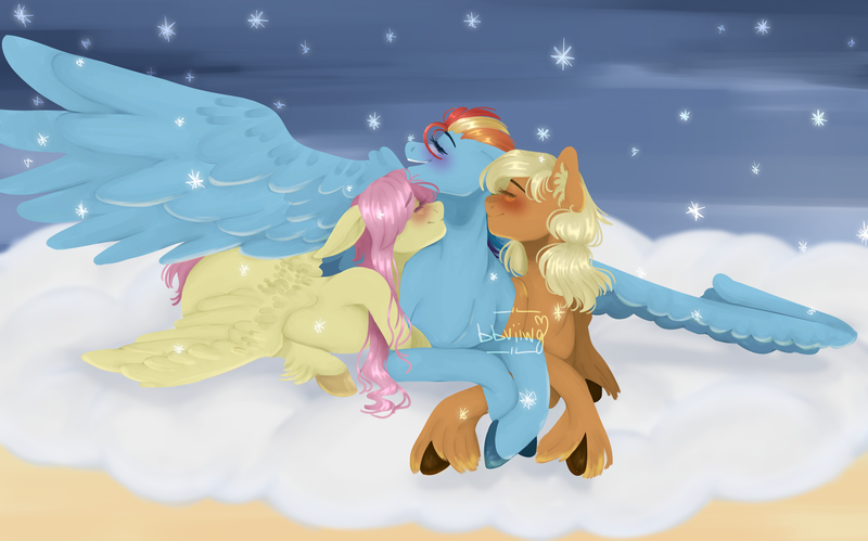 Size: 5787x3610 | Tagged: safe, artist:bbviiwg, derpibooru import, applejack, fluttershy, rainbow dash, earth pony, pegasus, pony, absurd resolution, appledash, appledashshy, blushing, female, flutterdash, hug, image, lesbian, lying down, mare, one wing out, png, polyamory, prone, ship:appleshy, shipping, snow, snowfall, spread wings, trio, trio female, unshorn fetlocks, wing blanket, winghug, wings