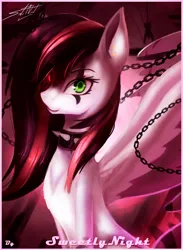 Size: 1478x2024 | Tagged: safe, artist:sweetlynight, derpibooru import, oc, oc:emala jiss, unofficial characters only, pegasus, pony, chains, choker, facial markings, female, heterochromia, image, jpeg, mare, solo, spiked choker