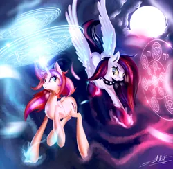 Size: 3000x2923 | Tagged: safe, artist:sweetlynight, derpibooru import, oc, oc:emala jiss, unofficial characters only, pegasus, pony, unicorn, choker, duo, female, flying, image, jpeg, magic, mare, spiked choker