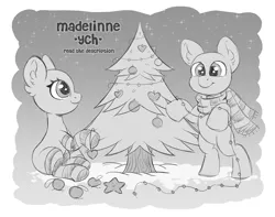 Size: 3234x2548 | Tagged: safe, artist:madelinne, derpibooru import, black and white, chibi, christmas, christmas ornament, christmas tree, clothes, commission, grayscale, holiday, image, monochrome, png, scarf, sketch, socks, tree, your character here