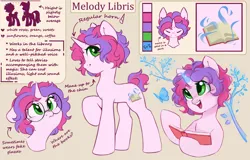 Size: 4700x3000 | Tagged: safe, artist:melodylibris, derpibooru import, oc, oc:melody (melodylibris), unofficial characters only, pony, unicorn, beige background, book, female, floppy ears, glasses, hoof hold, image, mare, open mouth, open smile, png, reference sheet, round glasses, simple background, smiling, solo, text
