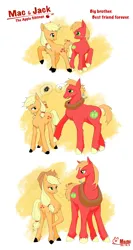 Size: 2802x5268 | Tagged: safe, artist:xinjinjumin239348413844, derpibooru import, applejack, big macintosh, earth pony, pony, age progression, applejack's hat, big macintosh's yoke, brother and sister, colt big macintosh, cowboy hat, cross-popping veins, emanata, female, filly, filly applejack, gritted teeth, hat, horse collar, image, jpeg, looking at each other, looking at someone, male, older, siblings, simple background, smiling, smiling at each other, teenage applejack, teenage big macintosh, teenager, teeth, unshorn fetlocks, white background, younger