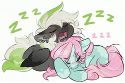 Size: 3116x2080 | Tagged: safe, artist:kez, derpibooru import, oc, unofficial characters only, pegasus, pony, unicorn, drool, duo, horn, image, jpeg, onomatopoeia, open mouth, pegasus oc, simple background, sleeping, sound effects, unicorn oc, white background, wings, zzz