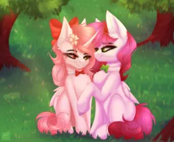 Size: 2652x2160 | Tagged: safe, artist:elektra-gertly, derpibooru import, oc, oc:ellie berryheart, oc:teffy, unofficial characters only, alicorn, pegasus, pony, black eyeshadow, bow, bowtie, cute, different eye colors, eyeshadow, female, flower, forest, friends, g4, grass, green eyes, hair bow, hug, image, long eyelashes, looking at each other, looking at someone, makeup, nature, png, rose, solo, tail, tree, wings
