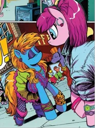 Size: 645x866 | Tagged: safe, artist:andypriceart, derpibooru import, idw, unnamed character, unnamed pony, earth pony, pony, spoiler:comic, spoiler:comic64, 80's fashion, 80s, 80s hair, bangles, big hair, boots, clothes, comic, denim, denim jacket, ear piercing, earring, everything old, fashion crisis, female, fishnets, image, jacket, jewelry, leopard print, manehattan, mare, official comic, piercing, png, shoes, skirt, speech bubble, watch, wristband, wristwatch