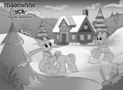 Size: 5856x4267 | Tagged: safe, artist:madelinne, derpibooru import, black and white, clothes, door, duo, grayscale, house, image, monochrome, png, scarf, sketch, snow, snowman, socks, tree, window