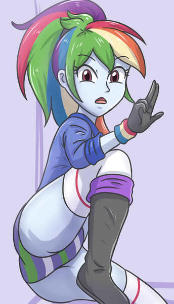 Size: 1589x2775 | Tagged: suggestive, artist:sumin6301, derpibooru import, rainbow dash, human, equestria girls, 2d, ass, boots, butt, clothes, eyebrows, eyebrows visible through hair, female, image, indoors, jacket, jpeg, looking at you, open mouth, panties, ponytail, rainbutt dash, shoes, short sleeves, socks, solo, solo female, thigh highs, underwear