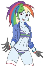 Size: 1845x2672 | Tagged: suggestive, artist:sumin6301, derpibooru import, rainbow dash, human, equestria girls, 2d, belly button, bra, breasts, busty rainbow dash, clothes, eye clipping through hair, eyebrows, eyebrows visible through hair, female, image, jacket, jpeg, looking at you, midriff, panties, ponytail, short sleeves, simple background, smiling, smiling at you, socks, solo, solo female, thigh highs, underwear, white background