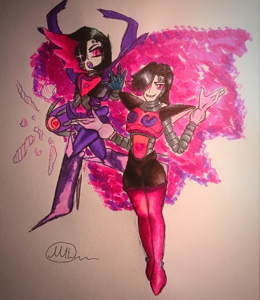 Size: 2774x3202 | Tagged: safe, artist:mettaton, derpibooru import, anthro, human, robot, angry, armor, arms in the air, blaster, boots, breasts, clothes, duo, duo female, female, gloves, heart, humanized, image, jpeg, long gloves, looking at you, mettaton, mettaton ex, not pony related, open mouth, pose, shoes, simple background, smiling, smiling at you, spread wings, starry eyes, stars, traditional art, undertale, wingding eyes, wings