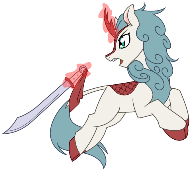 Size: 2568x2287 | Tagged: safe, artist:redahfuhrerking, derpibooru import, oc, oc:soft snow, unofficial characters only, kirin, female, image, magic, png, simple background, solo, sword, transparent background, weapon