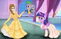 Size: 5134x3236 | Tagged: safe, artist:deannaphantom13, derpibooru import, spike, twilight sparkle, twilight sparkle (alicorn), alicorn, dragon, pony, absurd resolution, ballroom, beauty and the beast, belle, clothes, commission, crossover, curtsey, dress, female, gown, holding hands, hoof on chest, image, male, mare, png, smiling, suit, winged spike, wings