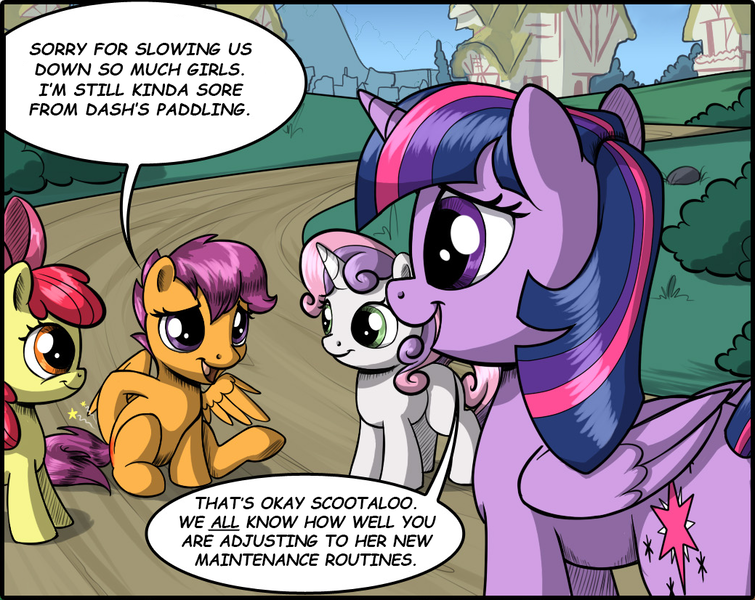 Size: 1039x826 | Tagged: safe, artist:sirzi, edit, apple bloom, scootaloo, sweetie belle, twilight sparkle, comic:talisman for a pony, image, png, spanking