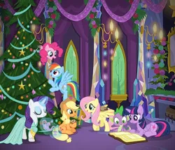 Size: 1000x859 | Tagged: safe, derpibooru import, edit, editor:incredibubbleirishguy, applejack, fluttershy, pinkie pie, rainbow dash, rarity, spike, twilight sparkle, twilight sparkle (alicorn), alicorn, dragon, earth pony, pegasus, pony, unicorn, album cover, book, christmas, christmas tree, cup, holiday, image, it's a pony kind of christmas, mane seven, mane six, png, teacup, teapot, tree