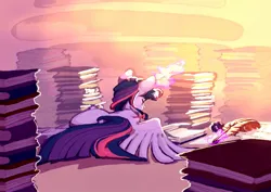 Size: 995x704 | Tagged: safe, artist:vintagecococola, derpibooru import, twilight sparkle, twilight sparkle (alicorn), alicorn, pony, book, bookhorse, facing away, female, glow, glowing horn, golden oaks library, horn, image, jpeg, library, magic, mare, quill, reading, solo, telekinesis, that pony sure does love books
