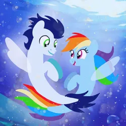 Size: 1400x1400 | Tagged: safe, artist:mlplary6, derpibooru import, rainbow dash, soarin', pegasus, pony, seapony (g4), boyfriend and girlfriend, female, image, jpeg, looking at each other, looking at someone, male, mare, seaponified, seapony rainbow dash, shipping, smiling, smiling at each other, soarindash, species swap, stallion, straight, underwater, water