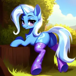 Size: 3072x3072 | Tagged: suggestive, ai content, anonymous prompter, derpibooru import, machine learning generated, stable diffusion, trixie, pony, unicorn, butt, chest fluff, clothes, female, generator:purplesmart.ai, image, looking at you, looking back, looking back at you, mare, outdoors, plot, png, smiling, socks, solo, solo female, stockings, tail, the great and powerful ass, thigh highs