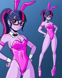 Size: 1080x1350 | Tagged: suggestive, artist:new-ereon, derpibooru import, sci-twi, twilight sparkle, human, equestria girls, breasts, bunny ears, bunny suit, cleavage, clothes, female, high heels, image, jpeg, leotard, platform heels, playboy bunny, playboy bunny twilight sparkle, shoes, solo, solo female