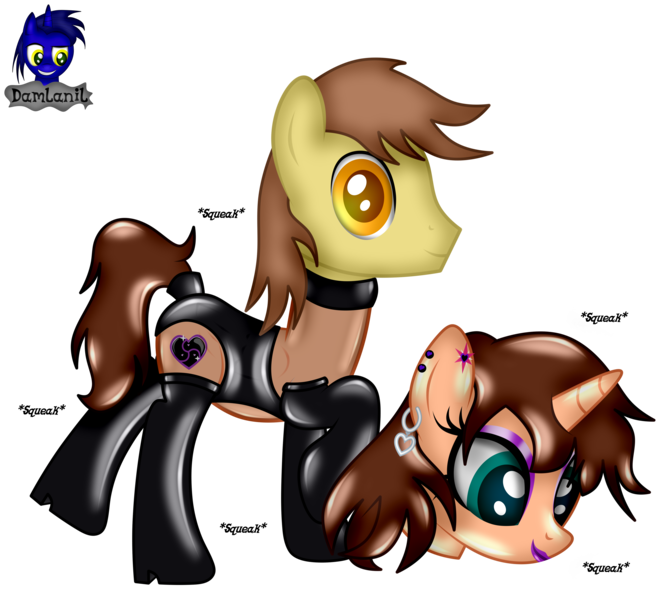 Size: 4608x4154 | Tagged: safe, artist:damlanil, derpibooru import, oc, oc:chloe adore, oc:ferb fletcher, pegasus, pony, unicorn, bdsm, bodysuit, boots, bound wings, clothes, collar, commission, costume, disguise, dominant, duo, eyeshadow, female, gloves, high heel boots, high heels, horn, image, latex, latex boots, latex gloves, latex socks, latex suit, leotard, lipstick, makeup, male, mare, mask, masking, png, ponysuit, raised hoof, rubber, rubber suit, shiny, shoes, show accurate, simple background, skintight clothes, socks, stallion, suit, transparent background, vector, wings