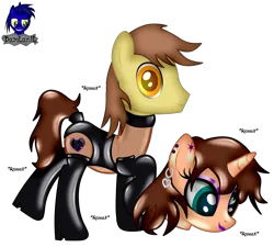 Size: 4608x4154 | Tagged: safe, artist:damlanil, derpibooru import, oc, oc:chloe adore, oc:ferb fletcher, pegasus, pony, unicorn, bdsm, bodysuit, boots, bound wings, clothes, collar, commission, costume, disguise, dominant, duo, eyeshadow, female, gloves, high heel boots, high heels, horn, image, latex, latex boots, latex gloves, latex socks, latex suit, leotard, lipstick, makeup, male, mare, mask, masking, png, ponysuit, raised hoof, rubber, rubber suit, shiny, shoes, show accurate, simple background, skintight clothes, socks, stallion, suit, transparent background, vector, wings
