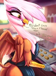 Size: 3184x4314 | Tagged: suggestive, artist:to_fat_to_fly, derpibooru import, gilda, gryphon, apron, ass, butt, clothes, cookie, cross-popping veins, emanata, female, food, gildonk, image, my little pony, naked apron, open mouth, partial nudity, png, smiling, solo, solo female