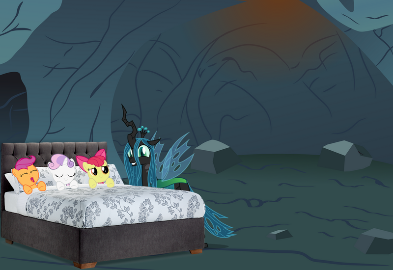 Size: 1599x1099 | Tagged: artist needed, safe, derpibooru import, apple bloom, queen chrysalis, scootaloo, sweetie belle, changeling, changeling queen, earth pony, pegasus, pony, unicorn, apple bloom's bow, bed, bow, cave, cute, cutealis, cutealoo, cutie mark crusaders, daaaaaaaaaaaw, female, filly, foal, g4, grin, hair bow, image, mommy chrissy, png, reformed, sleeping, smiling, story included, wholesome