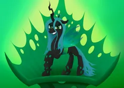 Size: 3508x2480 | Tagged: safe, artist:samenandsam, derpibooru import, queen chrysalis, changeling, changeling queen, pony, to where and back again, chrysalis' throne, crown, evil grin, female, g4, green background, grin, high res, image, jewelry, looking at you, mare, png, regalia, simple background, smiling, solo, spread wings, throne, wings
