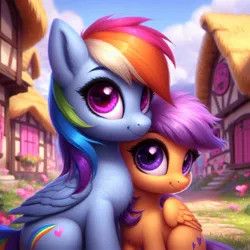 Size: 1024x1024 | Tagged: safe, ai content, machine learning generated, ponerpics import, ponybooru import, rainbow dash, scootaloo, pegasus, pony, alternate cutie mark, bing, chest fluff, duo, female, filly, foal, image, jpeg, mare, ponyville, scootalove