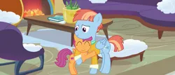Size: 1307x560 | Tagged: safe, artist:roman-santos, derpibooru import, scootaloo, windy whistles, pegasus, pony, ^^, adopted, adopted offspring, book, cute, cutealoo, daaaaaaaaaaaw, duo, eyes closed, female, filly, fireplace, foal, hug, image, living room, mare, mother and child, mother and daughter, png, potted plant, scootadoption, scootalove, smiling, story included, windybetes