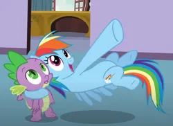 Size: 838x610 | Tagged: safe, derpibooru import, screencap, rainbow dash, spike, dragon, pegasus, spike at your service, cropped, duo, flying, image, open mouth, open smile, png, smiling