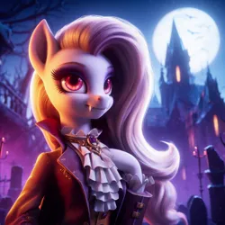 Size: 1024x1024 | Tagged: safe, ai content, derpibooru import, machine learning generated, fluttershy, undead, vampire, vampony, 3d, amulet, close-up, clothes, cute, eyes open, fangs, female, generator:dall-e 3, gravestone, graveyard, image, jewelry, jpeg, light, moon, night, pink mane, prompter:rektpay, red eyes, solo, suit