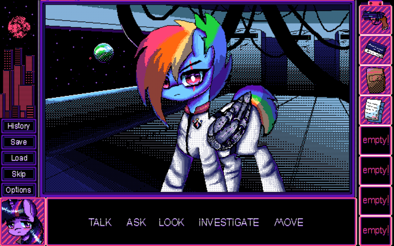 Size: 1920x1200 | Tagged: safe, artist:menalia, derpibooru import, rainbow dash, twilight sparkle, pegasus, pony, unicorn, alternate universe, building, bust, city, clothes, cybernetic wings, cyberpunk, dithering, eye scar, facial scar, female, gun, image, mare, moon, note, paper, pc-98, planet, png, portrait, scar, space, spaceship, stars, style emulation, suit, text, unicorn twilight, visual novel, weapon, wings, wires