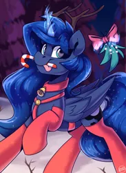Size: 1650x2250 | Tagged: safe, artist:shadowreindeer, derpibooru import, princess luna, alicorn, pony, candy, candy cane, christmas, female, food, harness, holiday, image, jpeg, looking at you, mare, mouth hold, solo, tack