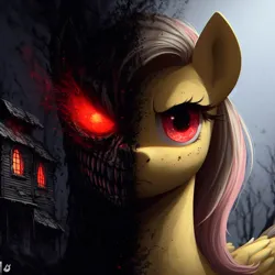 Size: 4096x4096 | Tagged: safe, ai content, derpibooru import, machine learning generated, fluttershy, demon, demon pony, original species, pegasus, undead, vampire, vampony, 3d, ash, burning, ears up, fangs, female, forest, g4, generator:dall-e 3, house, image, inner demons, looking at you, nature, pink mane, png, prompter:rektpay, tree, two sided posters, two sides, wings