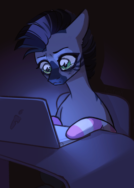 Size: 2209x3092 | Tagged: safe, artist:kostyak, derpibooru import, oc, oc:zebra north, unofficial characters only, pony, zebra, clothes, computer, crying, desk, femboy, image, laptop computer, male, night, png, programming, sad, socks, solo, stallion, striped socks, zebra oc