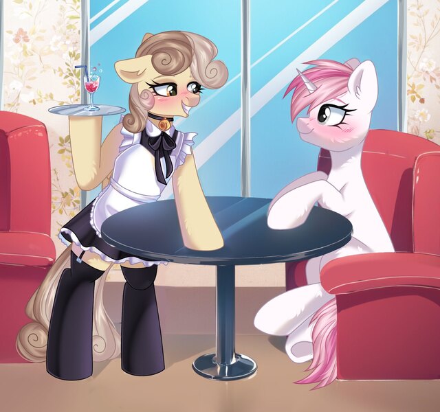 Size: 1746x1638 | Tagged: safe, artist:freyamilk, derpibooru import, oc, oc:peach blossom, oc:sweet irony, unofficial characters only, pony, apron, bipedal, clothes, drink, duo, duo female, female, floppy ears, grin, image, jpeg, lesbian, looking at each other, looking at someone, maid, mare, serving tray, smiling, smiling at each other, socks, stockings, table, thigh highs, waitress