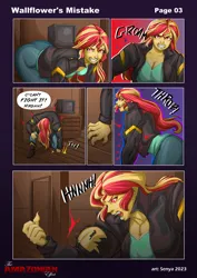Size: 4133x5844 | Tagged: suggestive, artist:bluecarnationstudios, derpibooru import, sunset shimmer, human, comic:the amazonian effect, comic:wallflower's mistake, equestria girls, ass, breasts, busty sunset shimmer, butt, clothes, comic, duo, female, g4, hulk out, image, jacket, muscle growth, muscles, open mouth, png, question mark, sunset lifter, unamused
