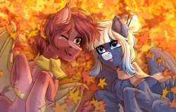 Size: 4500x2857 | Tagged: safe, artist:hakaina, derpibooru import, oc, oc:kimono silk, oc:meteor glow, unofficial characters only, bat pony, pegasus, pony, autumn, bat pony oc, bat wings, blaze (coat marking), clothes, coat markings, couple, cute, facial markings, fangs, female, gradient mane, image, leaves, lying down, male, mare, one eye closed, pegasus oc, png, prone, scarf, shipping, stallion, tongue out, unshorn fetlocks, wings