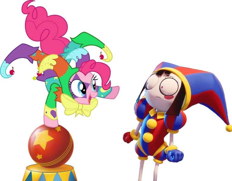 Size: 1608x1259 | Tagged: safe, derpibooru import, pinkie pie, earth pony, human, pony, crossover, female, image, jester, jester pie, jpeg, mare, pomni, the amazing digital circus