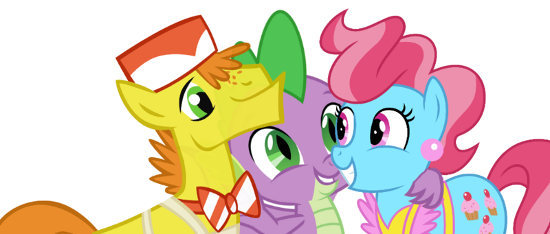 Size: 1006x429 | Tagged: safe, edit, editor:undeadponysoldier, ponerpics import, ponybooru import, vector edit, carrot top, cup cake, golden harvest, spike, dragon, earth pony, pony, apron, bowtie, clothes, cute, daaaaaaaaaaaw, ear piercing, female, freckles, group hug, happy, hat, hug, image, male, mare, piercing, png, simple background, spikabetes, spikelove, stallion, transparent background, vector