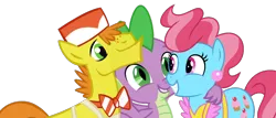 Size: 1006x429 | Tagged: safe, edit, editor:undeadponysoldier, ponerpics import, ponybooru import, vector edit, carrot top, cup cake, golden harvest, spike, dragon, earth pony, pony, apron, bowtie, clothes, cute, daaaaaaaaaaaw, ear piercing, female, freckles, group hug, happy, hat, hug, image, male, mare, piercing, png, simple background, spikabetes, spikelove, stallion, transparent background, vector