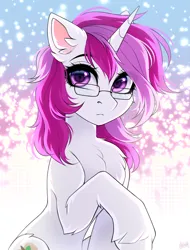 Size: 1900x2500 | Tagged: safe, artist:hakaina, derpibooru import, oc, unofficial characters only, pony, unicorn, abstract background, belly, chest fluff, colored, concave belly, ear fluff, eyebrows, eyebrows visible through hair, eyelashes, fluffy, frown, glasses, high res, horn, image, leg fluff, looking at you, png, quadrupedal, raised hoof, shading, signature, sitting, slim, solo, thin, three quarter view, unicorn oc, unshorn fetlocks, white coat