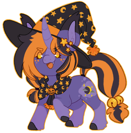 Size: 499x505 | Tagged: safe, artist:wytchwoods, derpibooru import, oc, oc:hocus pocus, unofficial characters only, pony, unicorn, >:3, blaze (coat marking), coat markings, colored eartips, colored hooves, curved horn, cute, cute little fangs, ear fluff, ear tufts, facial markings, fangs, freckles, golden eyes, hat, horn, image, jingle bells, png, raised hoof, simple background, socks (coat marking), solo, standing, transparent background, unicorn oc, witch hat