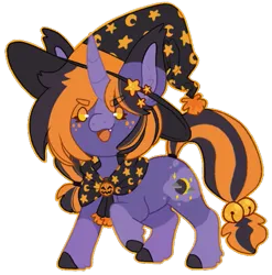 Size: 499x505 | Tagged: safe, artist:wytchwoods, derpibooru import, oc, oc:hocus pocus, unofficial characters only, pony, unicorn, >:3, blaze (coat marking), coat markings, colored eartips, colored hooves, curved horn, cute, cute little fangs, ear fluff, ear tufts, facial markings, fangs, freckles, golden eyes, hat, horn, image, jingle bells, png, raised hoof, simple background, socks (coat marking), solo, standing, transparent background, unicorn oc, witch hat