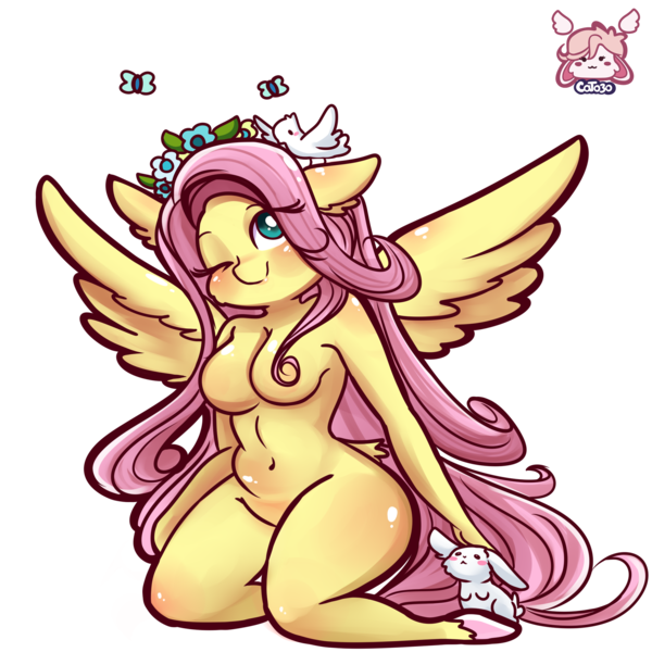 Size: 2000x2000 | Tagged: suggestive, artist:cottonheart05, derpibooru import, fluttershy, anthro, pegasus, barbie doll anatomy, flower, flower in hair, g4, image, nudity, png, simple background, solo, spread wings, transparent background, wings