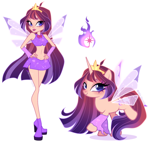 Size: 2820x2664 | Tagged: safe, artist:gihhbloonde, derpibooru import, human, pony, unicorn, equestria girls, ahoge, arm warmers, bare midriff, belly button, bloom (winx club), blue eyes, boots, closed mouth, clothes, crossover fusion, crown, fairy wings, female, fusion, fusion:bloom (winx club), fusion:twilight sparkle, g4, gradient hair, gradient mane, gradient tail, hand on hip, high heel boots, high heels, image, jewelry, lightly watermarked, lipstick, long hair, long mane, looking at you, mare, png, raised hoof, regalia, self paradox, self ponidox, shoes, simple background, skirt, smiling, sparkly, sparkly wings, standing, tail, tiara, transparent background, watermark, wings, winx club
