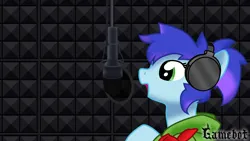 Size: 1920x1080 | Tagged: safe, artist:tcgamebot, derpibooru import, oc, oc:sunrise heaven, unofficial characters only, earth pony, pony, argentina, clothes, female, headphones, image, microphone, open mouth, png, recording studio, resistencia brony, smiling, solo, studio