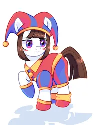 Size: 1536x2048 | Tagged: safe, artist:diniarvegafinahar, derpibooru import, ponified, earth pony, pony, blush sticker, blushing, eye clipping through hair, female, hat, hoof shoes, image, jester, jester hat, jester outfit, mare, png, pomni, raised hoof, shadow, simple background, solo, the amazing digital circus, white background