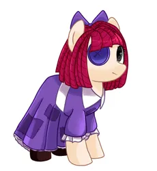 Size: 740x804 | Tagged: safe, artist:diniarvegafinahar, derpibooru import, ponified, doll pony, earth pony, original species, pony, bow, button eyes, clothes, doll, dress, female, hair bow, image, jpeg, mare, mismatched eyes, patch, ragatha, ragdoll, simple background, solo, the amazing digital circus, toy, white background