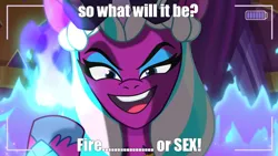 Size: 1280x720 | Tagged: suggestive, derpibooru import, edit, edited screencap, screencap, alicorn, pony, g5, my little pony: tell your tale, spoiler:g5, spoiler:my little pony: tell your tale, spoiler:tyts01e67, fire, funny, funny as hell, i've seen enough hentai to know where this is going, image, implied sex, jpeg, meme, oh no, opaline arcana, solo, the rise and fall, this will end in snu snu