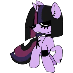 Size: 1300x1300 | Tagged: safe, artist:cutiesparke, derpibooru import, twilight sparkle, pony, unicorn, alternate color palette, alternate cutie mark, alternate hairstyle, arm band, black sclera, bobcut, choker, collar, covered eyes, ear piercing, earring, female, goth, gritted teeth, hoof heart, image, jewelry, piercing, png, raised hoof, short hair, simple background, solo, standing, teeth, transparent background, underhoof, unicorn twilight